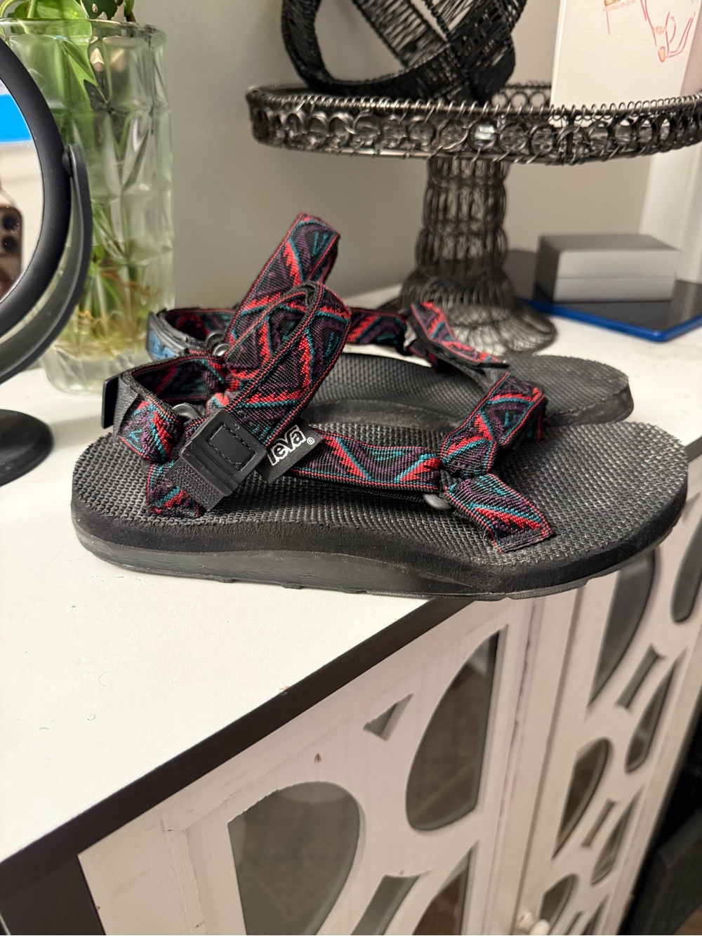 Teva Black Sandals with Red Patterned Straps